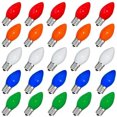 Couah Christmas Light Bulbs C7 Multi-Color Replacement Bulbs25 Pack C7 Ceramic Outdoor String Light Replacement Bulbs, C7/E12 Candelabra Base, 5 Watt