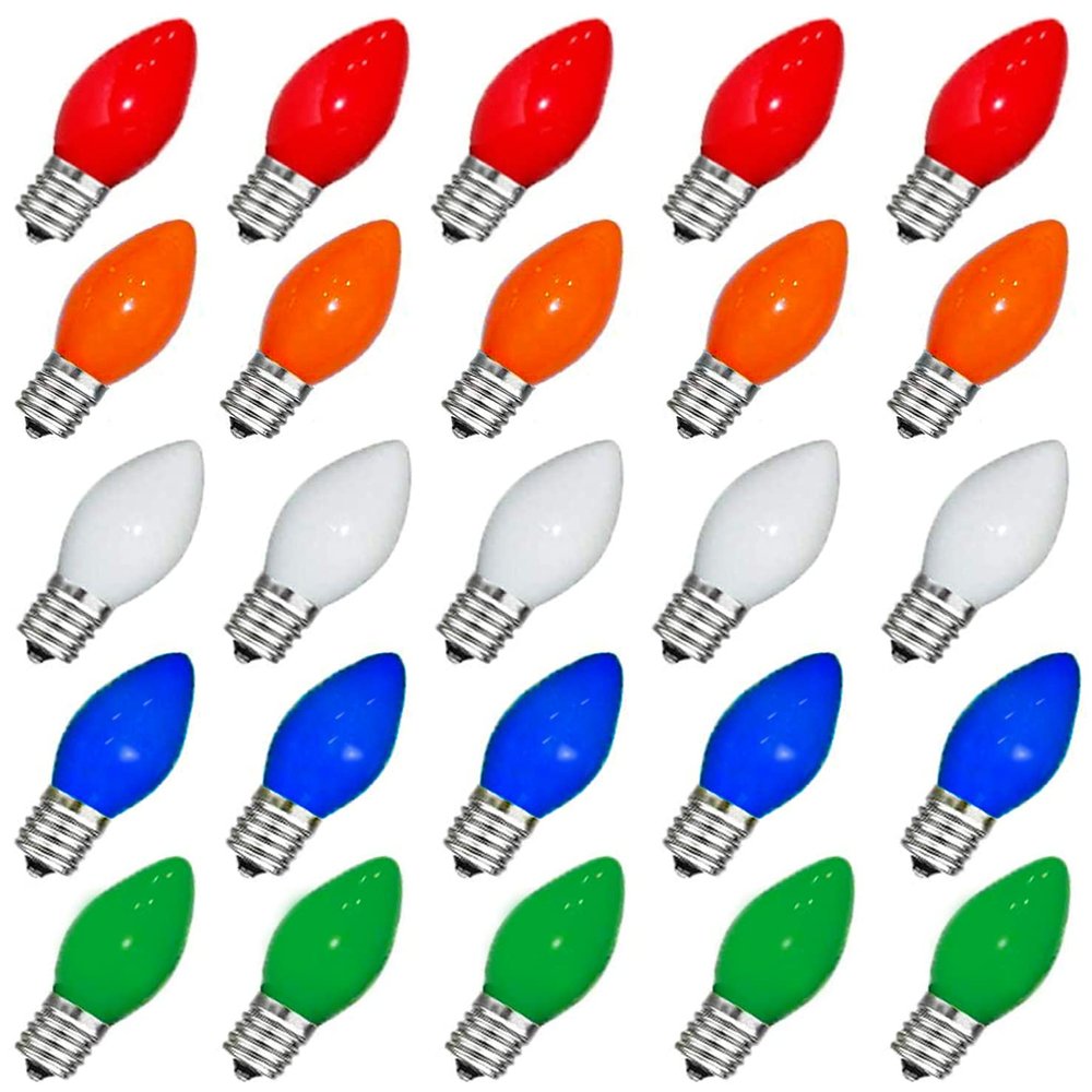 Couah Christmas Light Bulbs C7 Multi-Color Replacement Bulbs25 Pack C7 Ceramic Outdoor String Light Replacement Bulbs, C7/E12 Candelabra Base, 5 Watt
