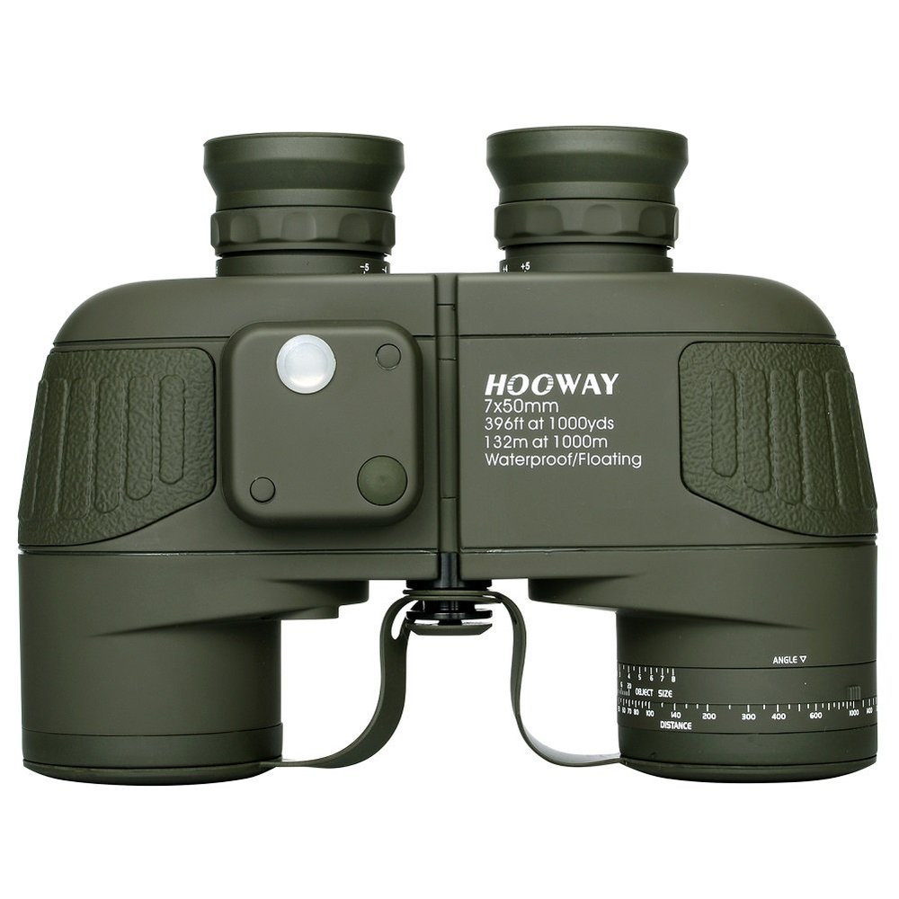 Hooway 7x50 Waterproof Floating Marine Binocular w/Internal Rangefinder & Compass for Navigation,Boating,Bird Watching and More(Army Green