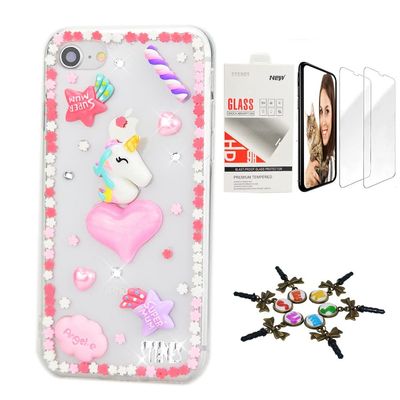 STENES Bling Case Compatible with iPhone 7 Plus/iPhone 8 Plus - Stylish - 3D Handmade [Sparkle Series] Unicorn Heart Star Design Cover with Screen Protector [2 Pack] - Pink