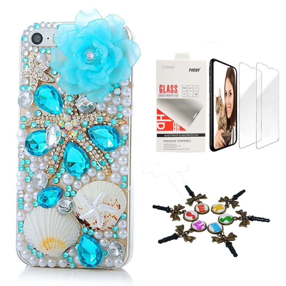 STENES Bling Case Compatible with iPhone 7 Plus/iPhone 8 Plus - Stylish - 3D Handmade [Sparkle Series] Rose Flowers Starfish Shell Design Cover with Screen Protector [2 Pack] - Blue