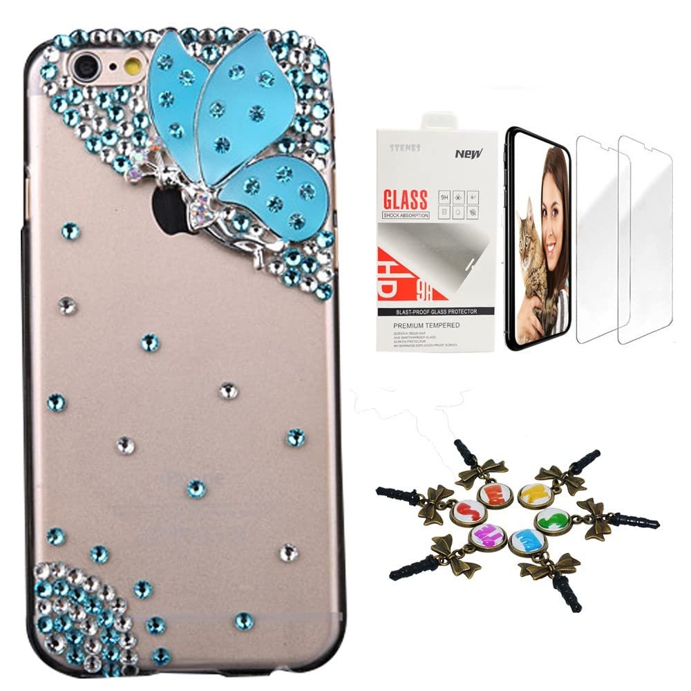 STENES Bling Case Compatible with iPhone 7 Plus/iPhone 8 Plus - Stylish - 3D Handmade [Sparkle Series] Butterfly Fairy Design Cover with Screen Protector [2 Pack] - Blue