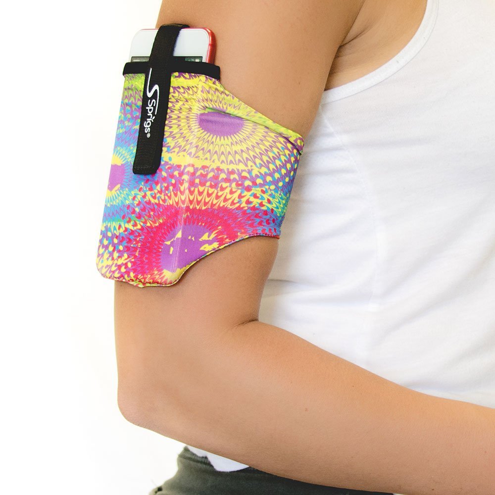 Sprigs Phone Armband for Running, Stretch Sleeve Arm Holder for iPhone 17, Samsung Galaxy S26 & Google Pixel 11, Fits Smartphones with Case for Jogging & Walking - Spin Art, Medium