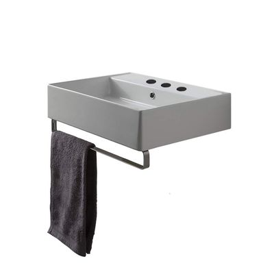 Scarabeo 8031/R-60-TB-Three Hole Teorema Rectangular Wall Mounted Ceramic Sink with Polished Chrome Towel Bar, White