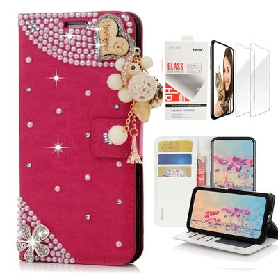 STENES Bling Wallet Case Compatible with Samsung Galaxy J7 (2018) - Stylish - 3D Handmade Heart Pendant Flowers Design Leather Case with Wrist Strap & Screen Protector [2 Pack] - Red