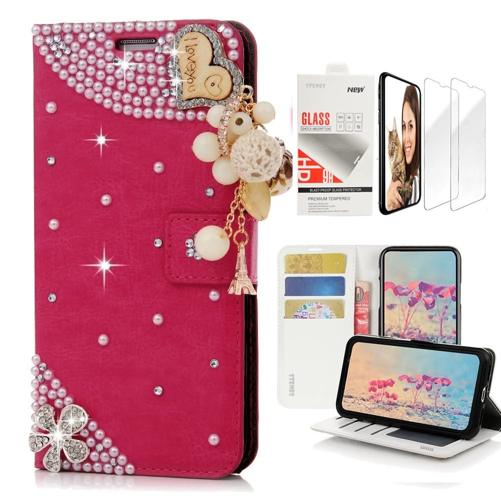 STENES Bling Wallet Case Compatible with Samsung Galaxy J7 (2018) - Stylish - 3D Handmade Heart Pendant Flowers Design Leather Case with Wrist Strap & Screen Protector [2 Pack] - Red