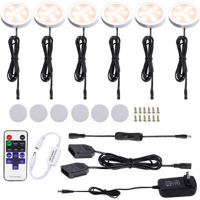 AIBOO 12V LED Under Cabinet Lights Kit 6 Pack Black Cord Aluminum Puck Lights for Kitchen Counter Closet Lighting with Wireless Dimmable RF Remote Control 6 Lights 12W (2700K Warm White)