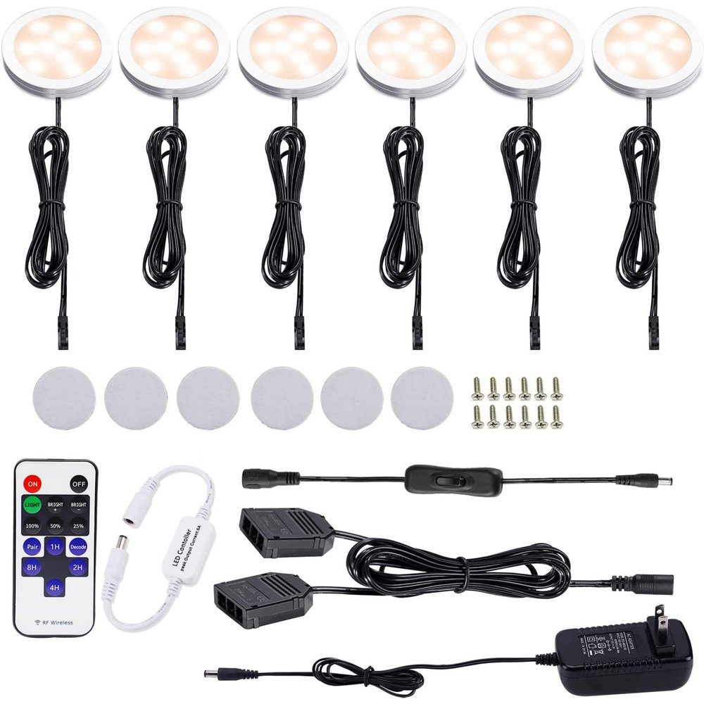 AIBOO 12V LED Under Cabinet Lights Kit 6 Pack Black Cord Aluminum Puck Lights for Kitchen Counter Closet Lighting with Wireless Dimmable RF Remote Control 6 Lights 12W (2700K Warm White)