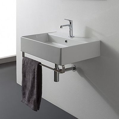 Scarabeo 8031/R-TB-One Hole Teorema Square Wall Mounted Ceramic Sink with Polished Chrome Towel Bar, White