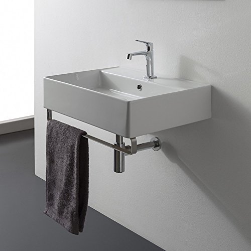 Scarabeo 8031/R-TB-One Hole Teorema Square Wall Mounted Ceramic Sink with Polished Chrome Towel Bar, White