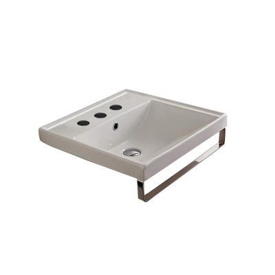 Scarabeo 3001-TB-Three Hole ML Square Wall Mounted Ceramic Sink with Polished Chrome Towel Bar, White