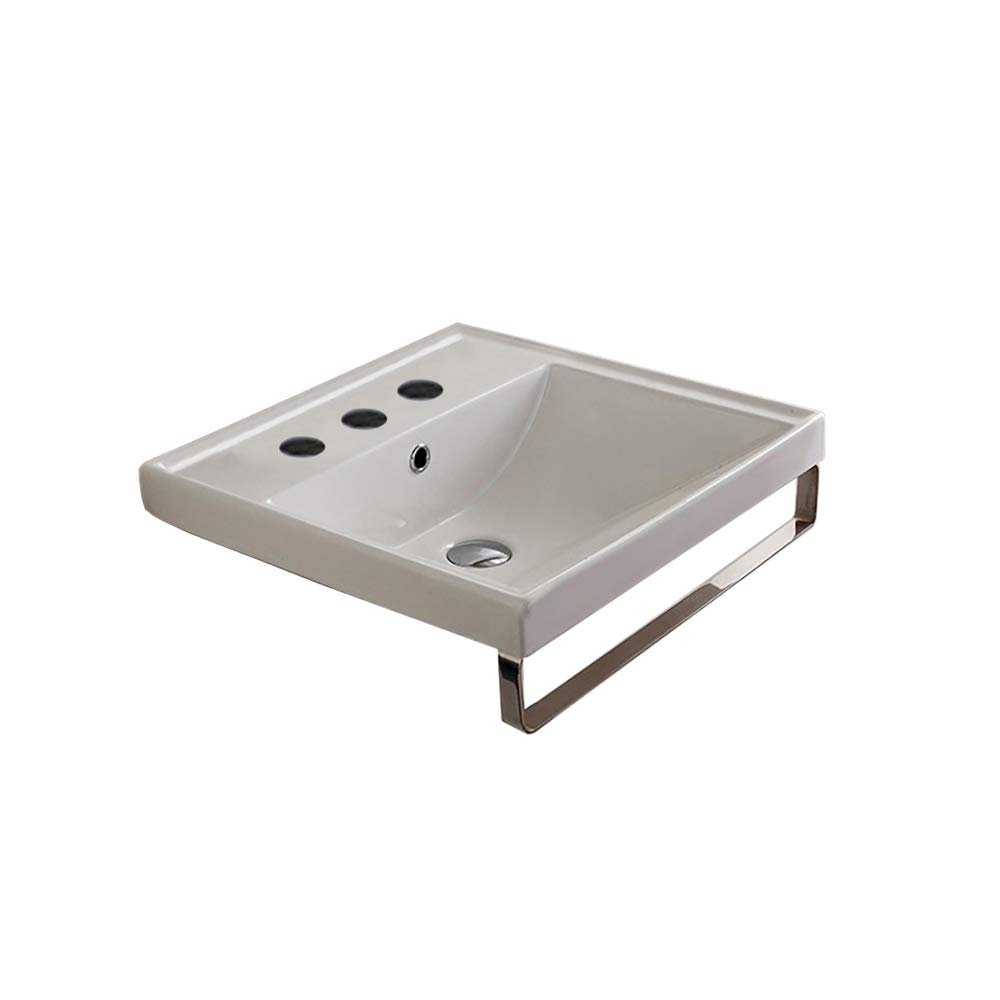 Scarabeo 3001-TB-Three Hole ML Square Wall Mounted Ceramic Sink with Polished Chrome Towel Bar, White