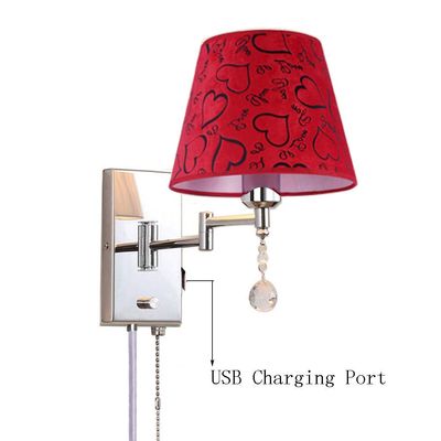 LIN XIAO HAO mayu USB Reading Plug-in and Pull Chain Wall Lamp Swing Arm Light,Bedside Reading Living Room Wall Lamp Light,USB Charging Port,Metal & Cloth Wall Sconces (Size : 32cm25cm)