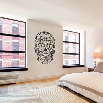 Vinyl Sugar Skull Wall Decal Skull Wall Sticker Mexican Wall Decor Wall Graphic Wall Mural Home Art Decor Small,Black
