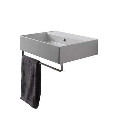 Scarabeo 8031/R-TB-No Hole Teorema Square Wall Mounted Ceramic Sink with Polished Chrome Towel Bar, White