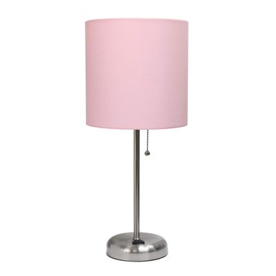 Simple Designs LT2024-LPK Brushed Steel Stick Table Desk Lamp with Charging Outlet and Drum Fabric Shade, Light Pink