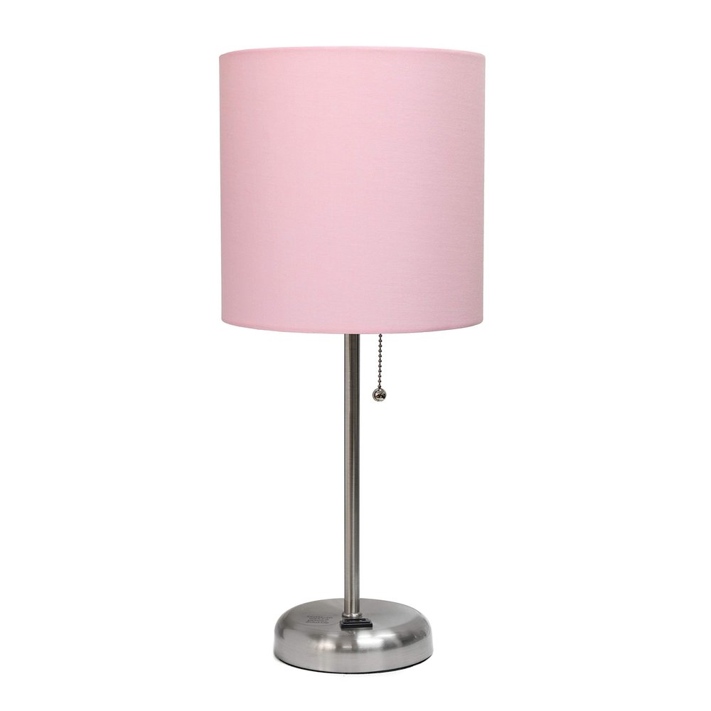Simple Designs LT2024-LPK Brushed Steel Stick Table Desk Lamp with Charging Outlet and Drum Fabric Shade, Light Pink