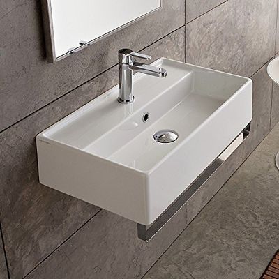 Scarabeo 5001-TB-One Hole Teorema Rectangular Wall Mounted Ceramic Sink with Polished Chrome Towel Bar, White