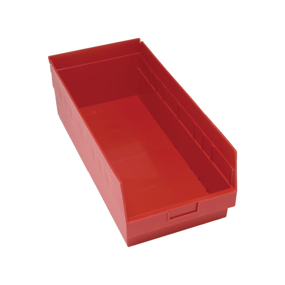 Quantum Storage QSB216 Store-More Heavy-Duty Nesting Plastic Shelf Bins for Pharmacy, Hospital & Warehouse, Hanging Lip & 7 Divider Slots, 24" x 12" x 6", Red, 6-Pack