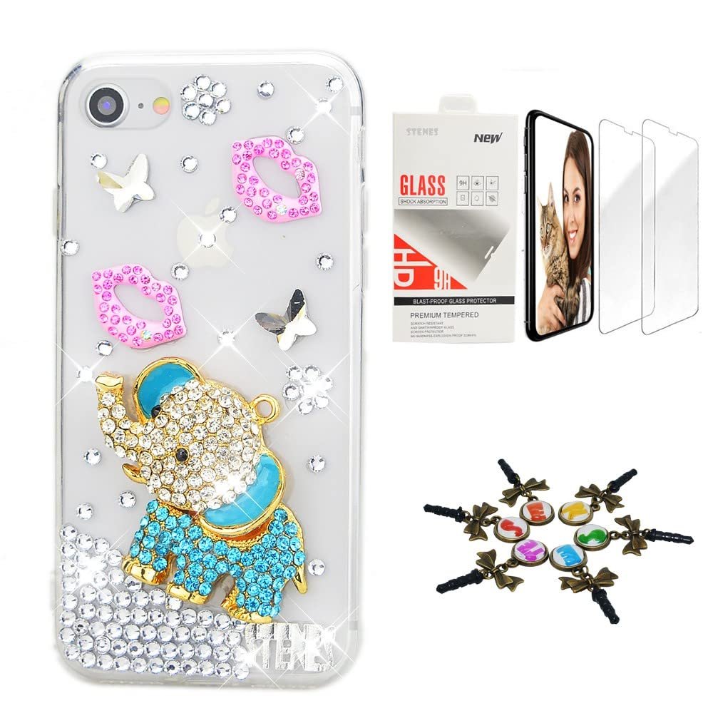 STENES Bling Case Compatible with iPhone 7 Plus/iPhone 8 Plus - Stylish - 3D Handmade [Sparkle Series] Elephant Sexy Lips Design Cover with Screen Protector [2 Pack] - Green