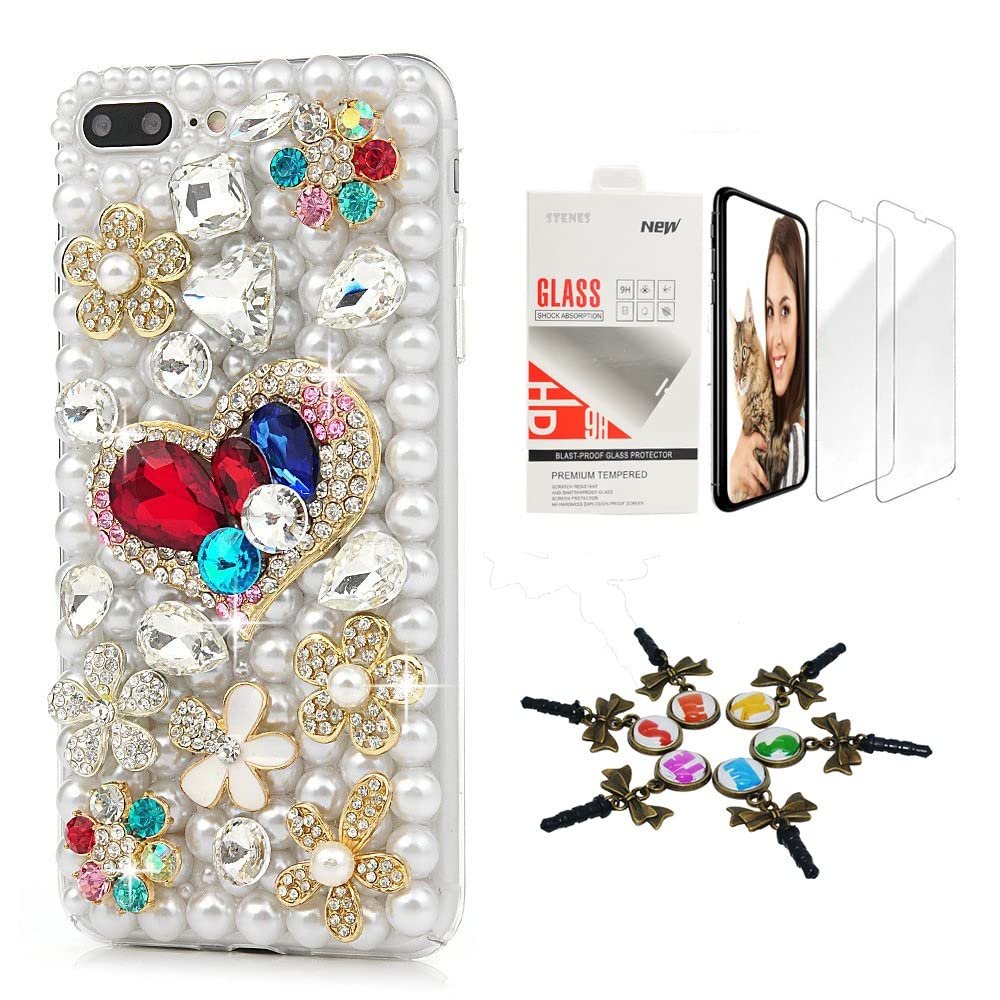 STENES Bling Case Compatible with iPhone 7 Plus/iPhone 8 Plus - Stylish - 3D Handmade [Sparkle Series] Sweet Heart Flowers Floral Design Cover with Screen Protector [2 Pack] - White