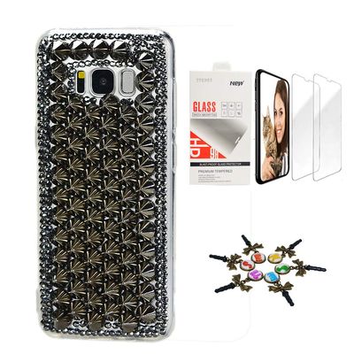 STENES Galaxy S9 Case - Stylish - 3D Handmade [Sparkle Series] Bling Punk Rivet Design Design Cover Compatible with Samsung Galaxy S9 with Screen Protector [2 Pack] - Black