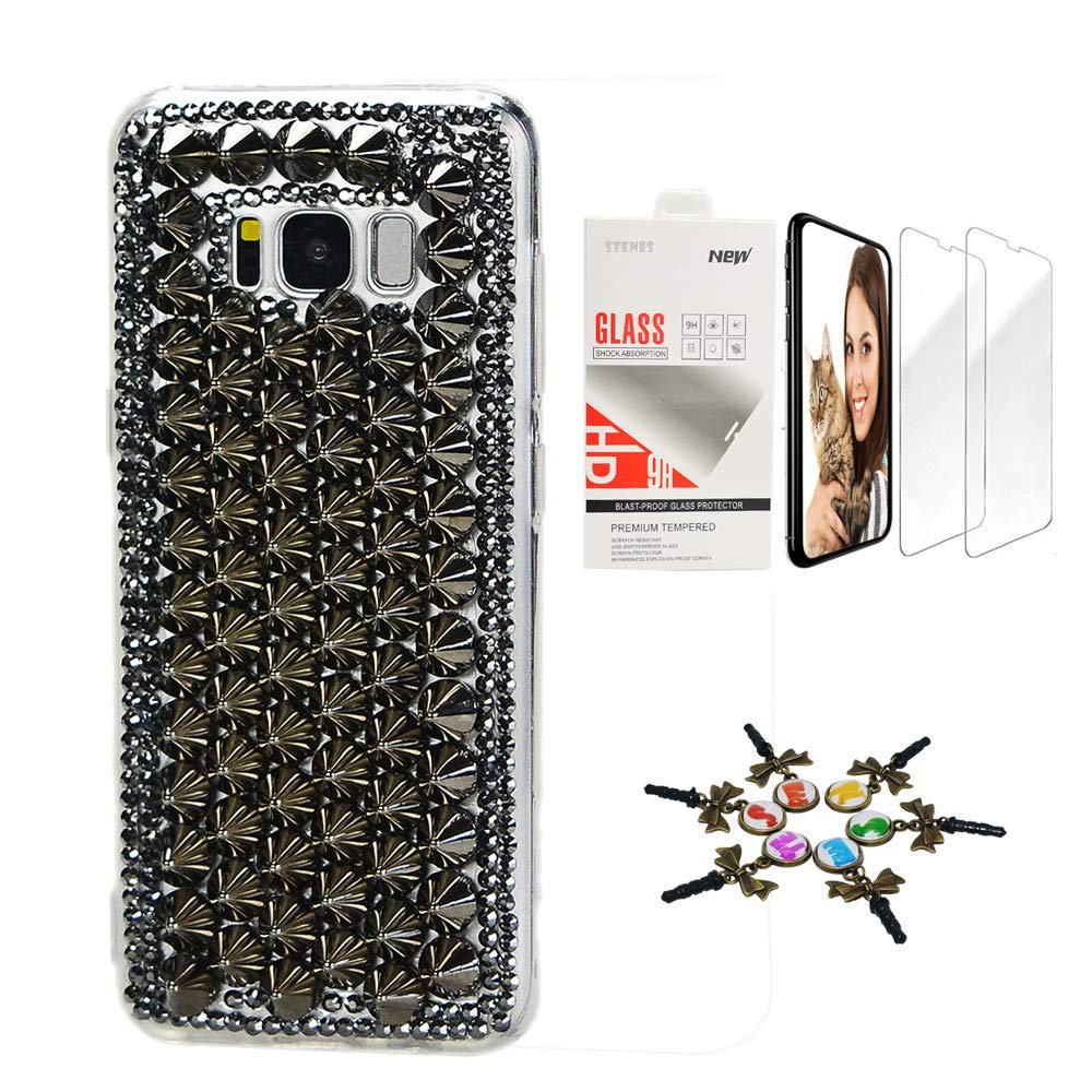 STENES Galaxy S9 Case - Stylish - 3D Handmade [Sparkle Series] Bling Punk Rivet Design Design Cover Compatible with Samsung Galaxy S9 with Screen Protector [2 Pack] - Black