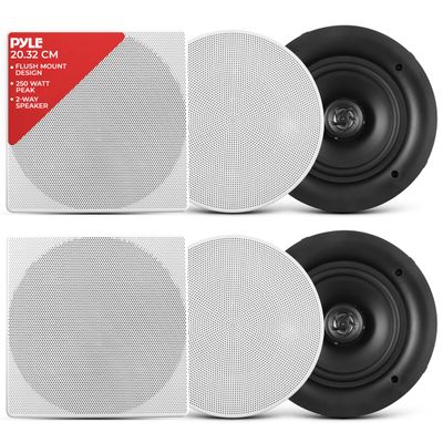 Pyle 8.0" Ceiling Wall Mount Speakers - Pair of 2-Way Full Range Sound Stereo Speaker Audio System Flush Design w/ Electronic Crossover Network 40Hz-20kHz Frequency Response & 250 Watts Peak - PDIC86