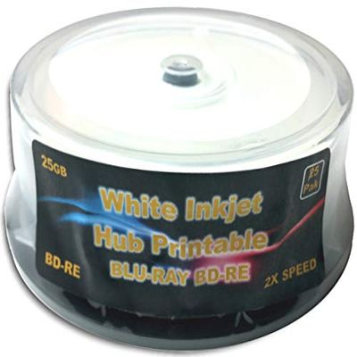 25-Pak 25GB White Inkjet HUB Printable 2X BLU-RAY BD-RE's in Cakebox