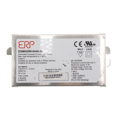 ERP Power ESM020W-0440-25 CC LED Power Supply 120-277 Vac, 87% eff, Rectangular Metal Case, Forward/Reverse Phase & 0-10V dimming, 1-100% dim Range, 11.0 W max, 440 mA Iout, 19-25 Vout