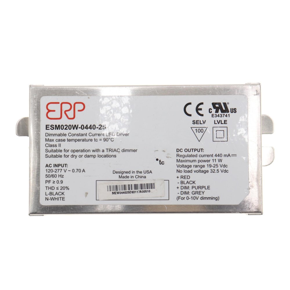 ERP Power ESM020W-0440-25 CC LED Power Supply 120-277 Vac, 87% eff, Rectangular Metal Case, Forward/Reverse Phase & 0-10V dimming, 1-100% dim Range, 11.0 W max, 440 mA Iout, 19-25 Vout