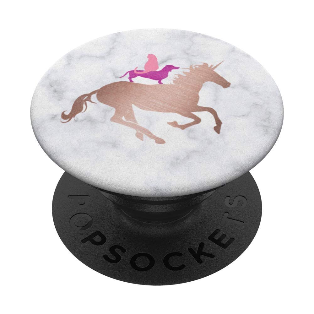 rosy unicorn, purple dog and pink cat on white marble