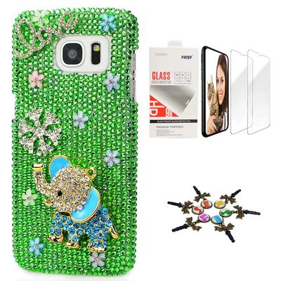 STENES Galaxy S8 Active Case - Stylish - 3D Handmade [Sparkle Series] Bling Elephant Snow Love Flowers Design Cover Compatible with Samsung Galaxy S8 Active with Screen Protector [2 Pack] - Green