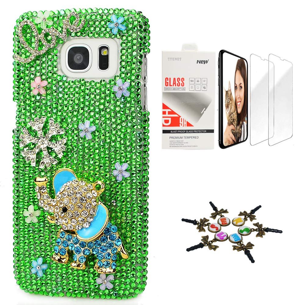 STENES Galaxy S8 Active Case - Stylish - 3D Handmade [Sparkle Series] Bling Elephant Snow Love Flowers Design Cover Compatible with Samsung Galaxy S8 Active with Screen Protector [2 Pack] - Green