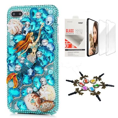 STENES Bling Case Compatible with iPhone 7 Plus/iPhone 8 Plus - Stylish - 3D Handmade [Sparkle Series] Mermaid Girls Starfish Shell Design Cover with Screen Protector [2 Pack] - Blue