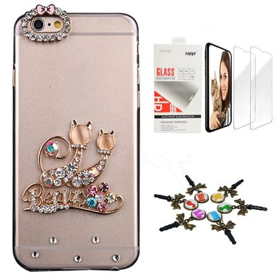 STENES Bling Case Compatible with iPhone 7 Plus/iPhone 8 Plus - Stylish - 3D Handmade [Sparkle Series] Cats Lovers Flowerse Design Cover with Screen Protector [2 Pack] - Colorful
