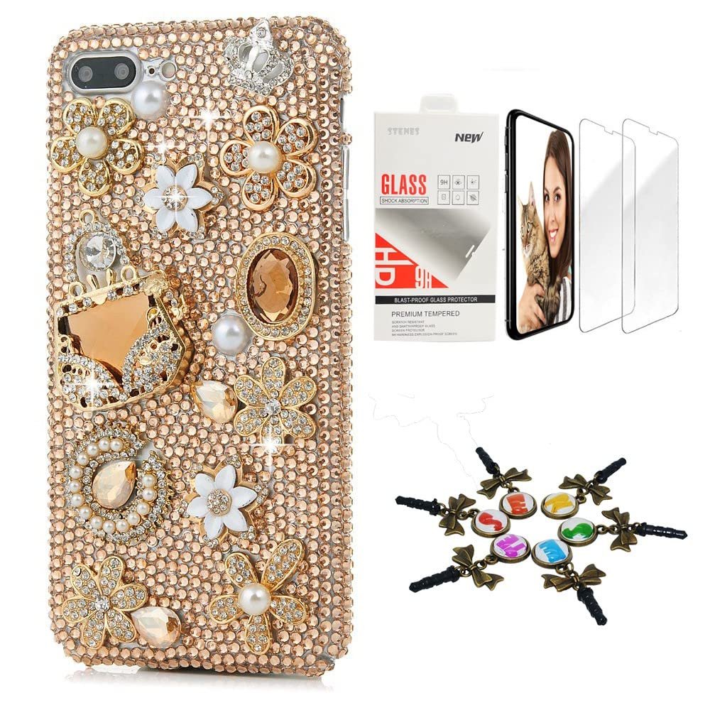 STENES Bling Case Compatible with iPhone 7 Plus/iPhone 8 Plus - Stylish - 3D Handmade [Sparkle Series] Bag Crown Rose Flowers Floral Design Cover with Screen Protector [2 Pack] - Champagne