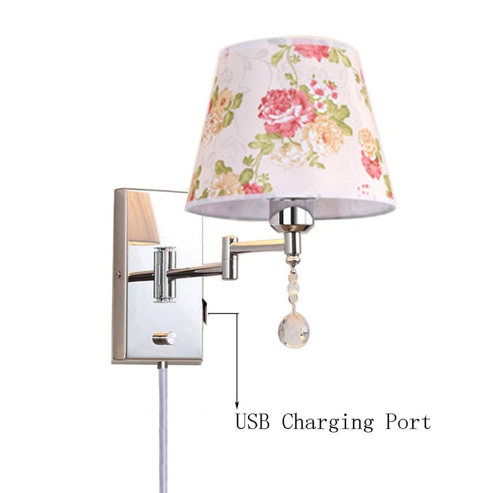 LIN XIAO HAO mayu USB Reading Plug-in Wall Lamp Swing Arm Light,Bedside Reading Living Room Wall Lamp Light,USB Charging Port,Metal & Cloth Wall Sconces (Size : 32cm25cm)