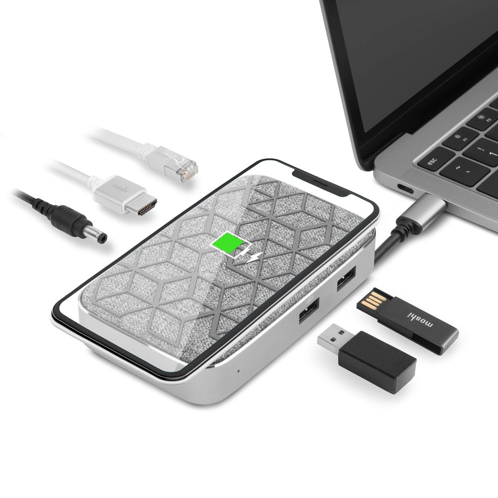Moshi Symbus Q USB C Hub, 6-in-1 Docking Station with 15W Wireless Charger for iPhone 12 Series, AirPods Pro/Galaxy/Pixel, HDMI 4K HDR, USB C PD Fast-Charging 60W, Dual USB-A, Gigabit Ethernet Port