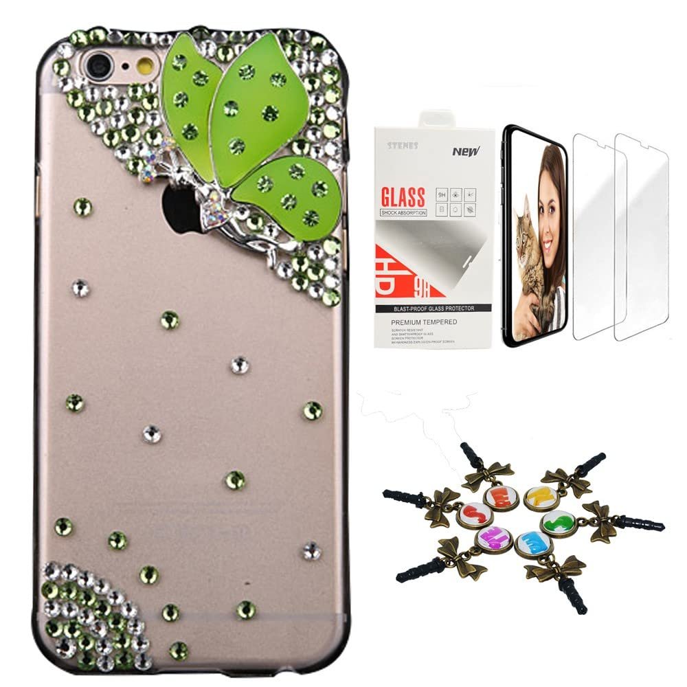 STENES Bling Case Compatible with iPhone 7 Plus/iPhone 8 Plus - Stylish - 3D Handmade [Sparkle Series] Butterfly Fairy Design Cover with Screen Protector [2 Pack] - Green