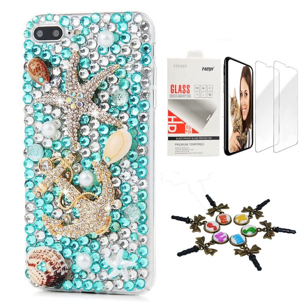 STENES Bling Case Compatible with iPhone 7 Plus/iPhone 8 Plus - Stylish - 3D Handmade [Sparkle Series] Starfish Anchrol Shell Design Cover with Screen Protector [2 Pack] - Navy Blue