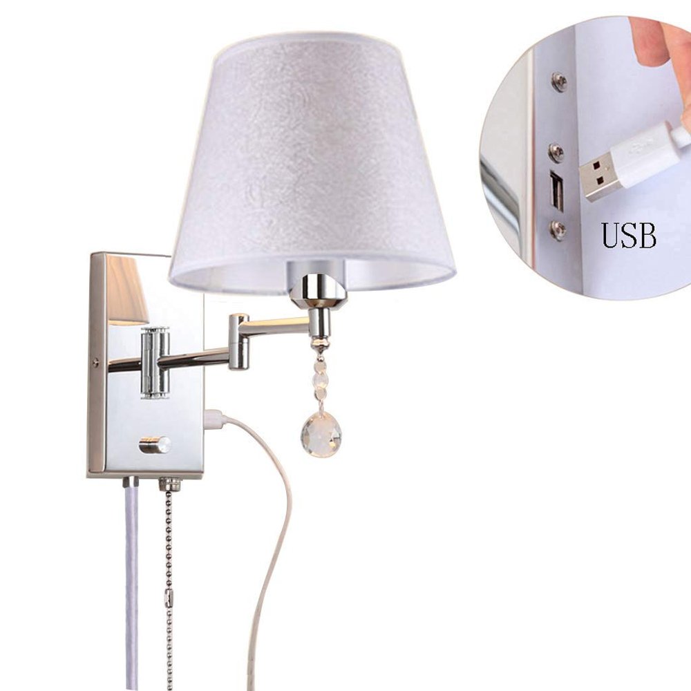 LIN XIAO HAO mayu USB Reading Plug-in and Pull Chain Wall Lamp Swing Arm Light,Bedside Reading Living Room Wall Lamp Light,USB Charging Port,Metal & Cloth Wall Sconces (Size : 30cm22cm)