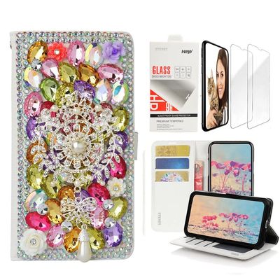 STENES Bling Wallet Case Compatible with LG K30 - Stylish - 3D Handmade Dreamcatcher Pearl Pendant Design Leather Case with Wrist Strap & Screen Protector [2 Pack] - Multicolor