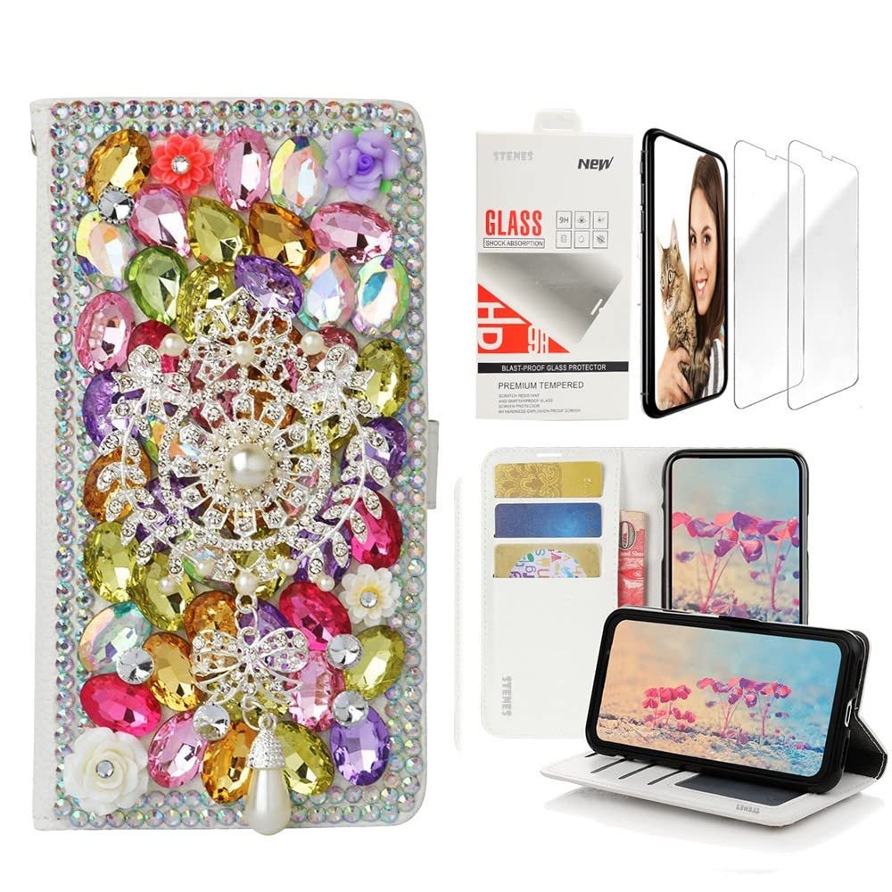 STENES Bling Wallet Case Compatible with LG K30 - Stylish - 3D Handmade Dreamcatcher Pearl Pendant Design Leather Case with Wrist Strap & Screen Protector [2 Pack] - Multicolor