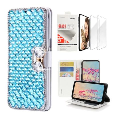 STENES Bling Wallet Case Compatible with LG V35 ThinQ - Stylish - 3D Handmade Lattice Bowknot Design Leather Case with Wrist Strap & Screen Protector [2 Pack] - Light Blue