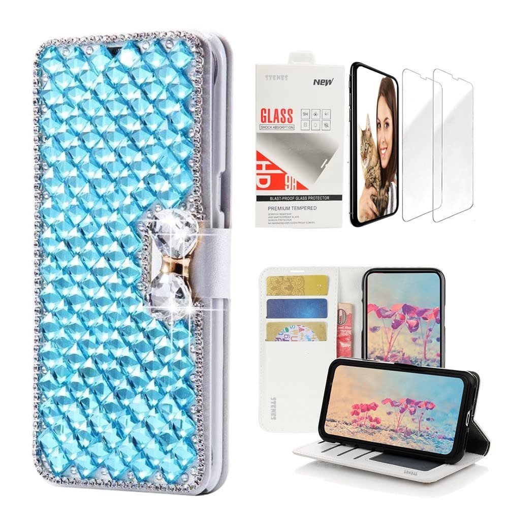 STENES Bling Wallet Case Compatible with LG V35 ThinQ - Stylish - 3D Handmade Lattice Bowknot Design Leather Case with Wrist Strap & Screen Protector [2 Pack] - Light Blue
