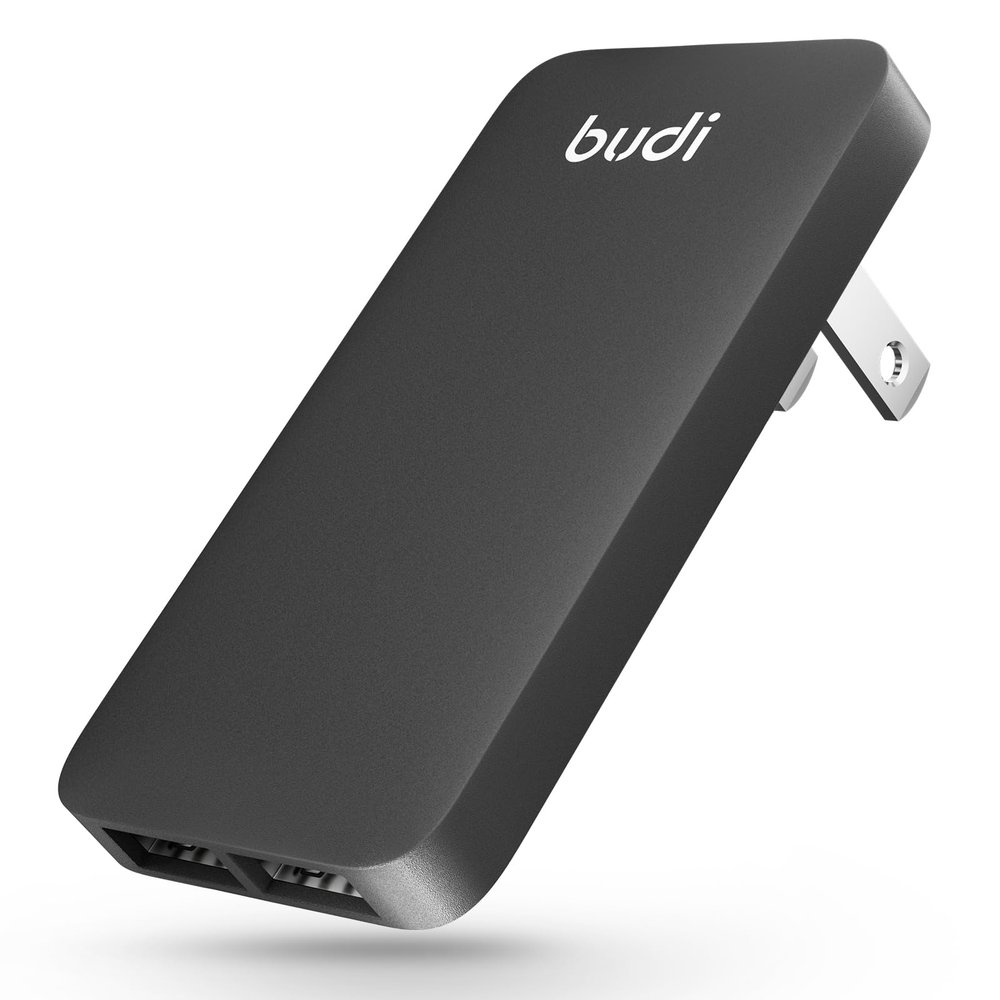 BUDI 17W Extra Slim Portable Wall Charger 2-Port USB-A Charger Foldable Wall Plug Compatible with Home Camera, iPhone IPad Samsung Galaxy(Black USB-A)