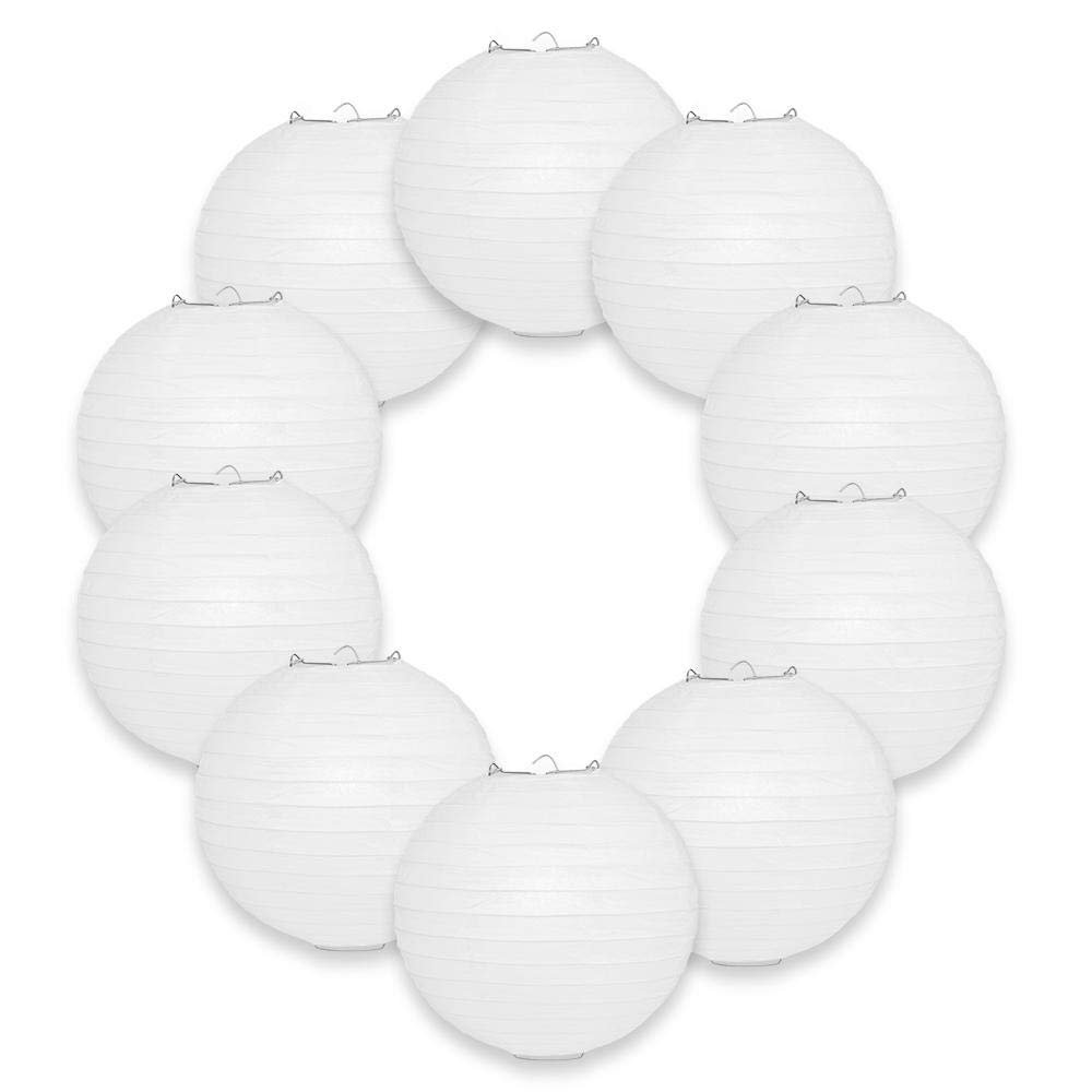 PaperLanternStore.com BULK CASE 18 Inch White Round Paper Lantern, Hanging Decorations, Even Ribbing, Hanging Decoration (10 PACK)