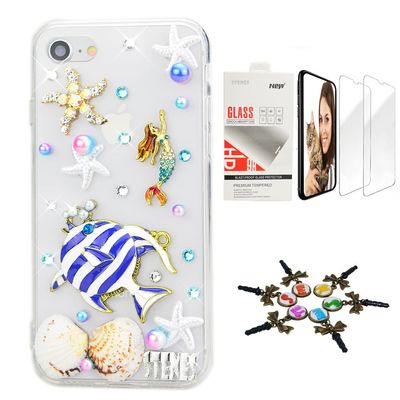 STENES Bling Case Compatible with iPhone 7 Plus/iPhone 8 Plus - Stylish - 3D Handmade [Sparkle Series] Tropical Fish MermaidDesign Cover with Screen Protector [2 Pack] - Blue
