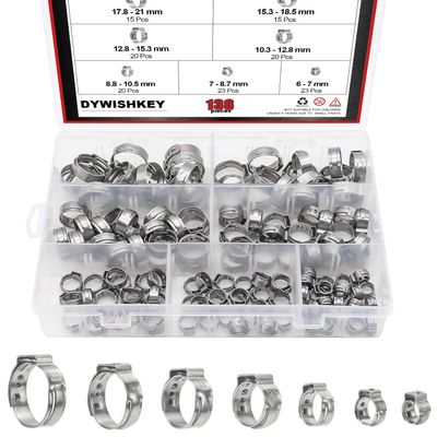 DYWISHKEY 136 PCS 7-21mm 304 Stainless Steel Single Ear Hose Clamps